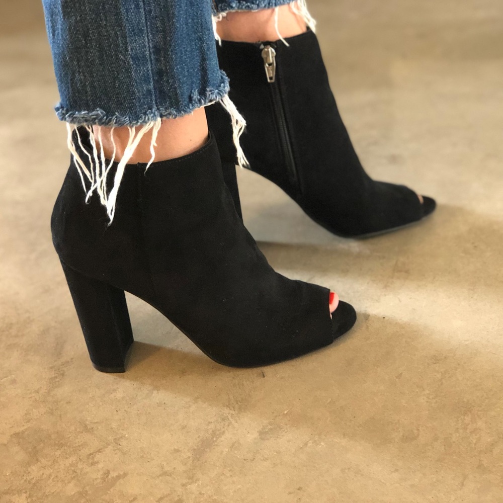 Black suede peep toe booties